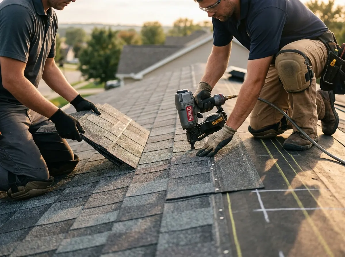 Professional roofer working on a residential roof in Woodridge